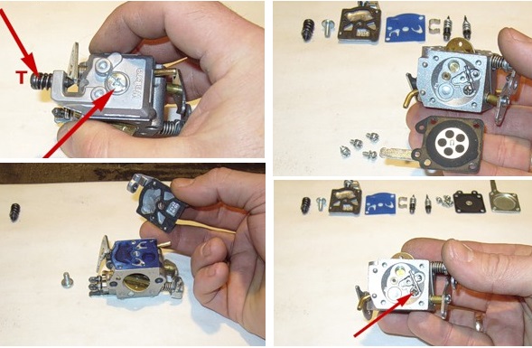 Disassembling the carburetor on a chainsaw